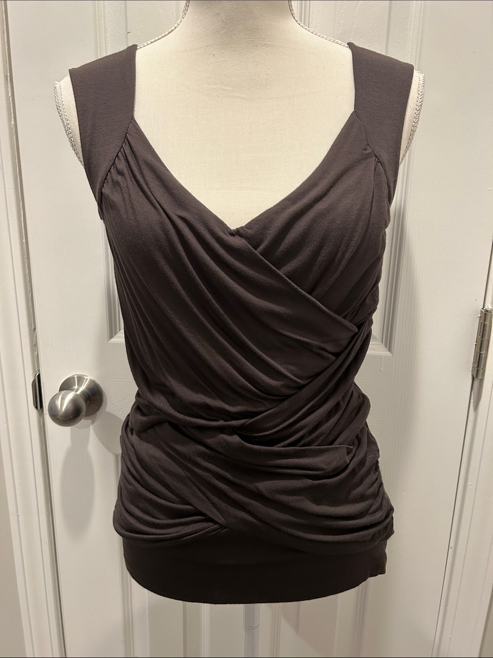 Medium INC Dark Brown Draped Sleeveless Faux Wrap Top